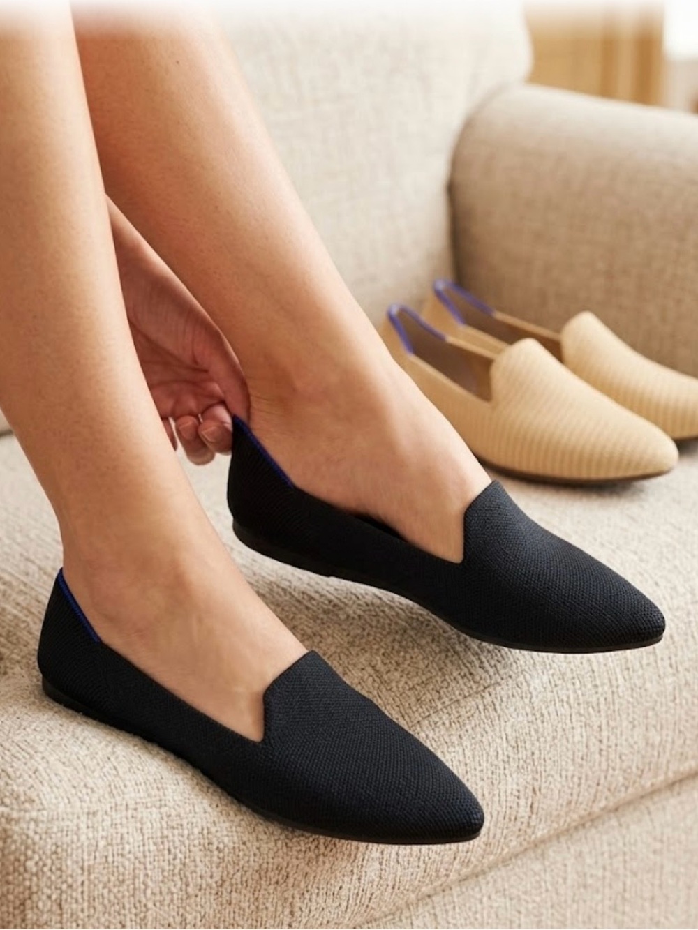Rothy's Pointed Knit Slip-On Flats with Blue Trim